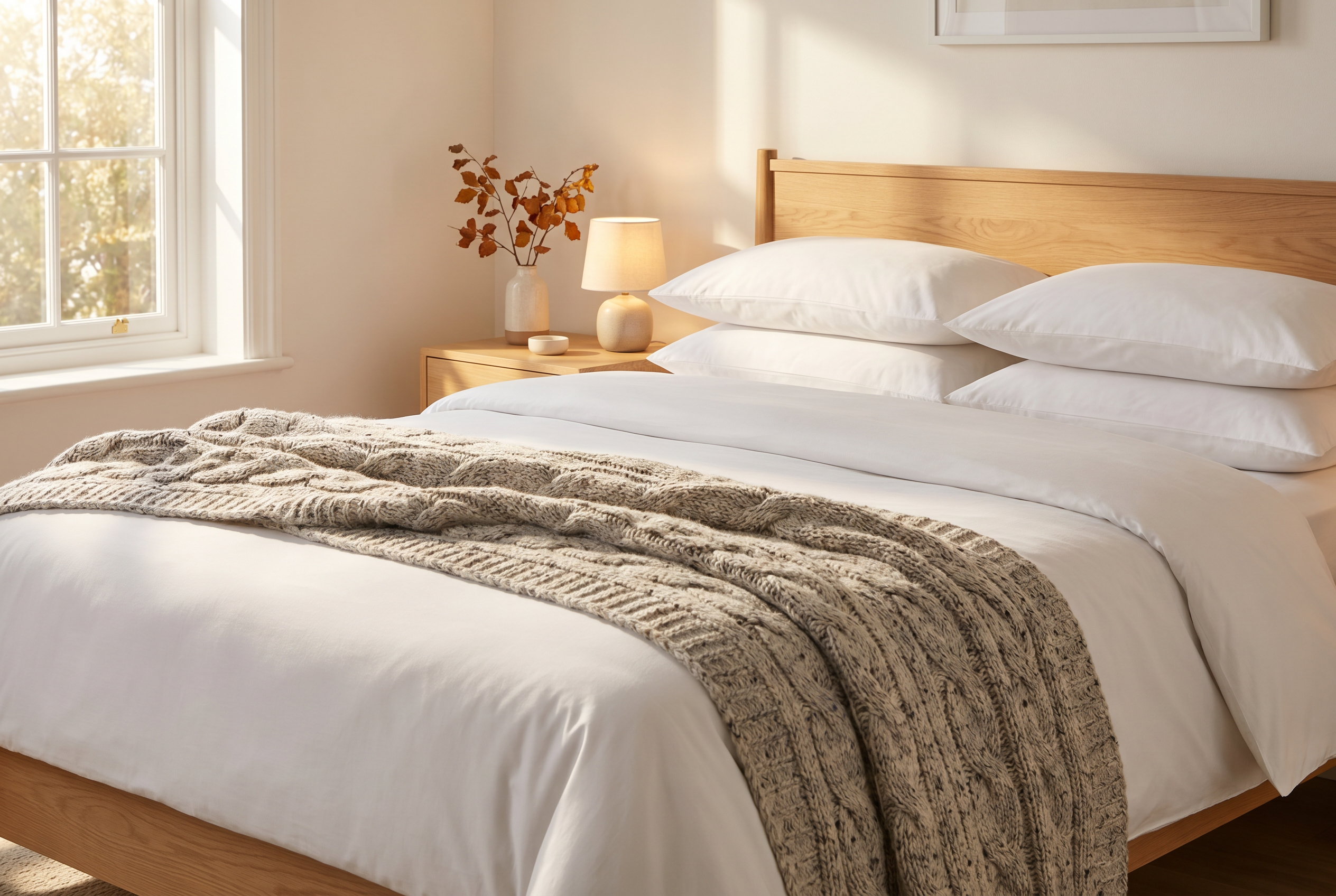 Bäddad säng med krispigt percale-lakan och en mjuk stickad pläd vikt över fotändan för säsongsbyte