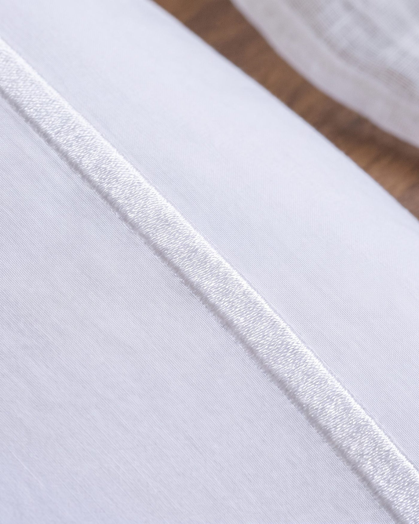 Ralph Bäddset White – närbild vitbroderad satinsöm