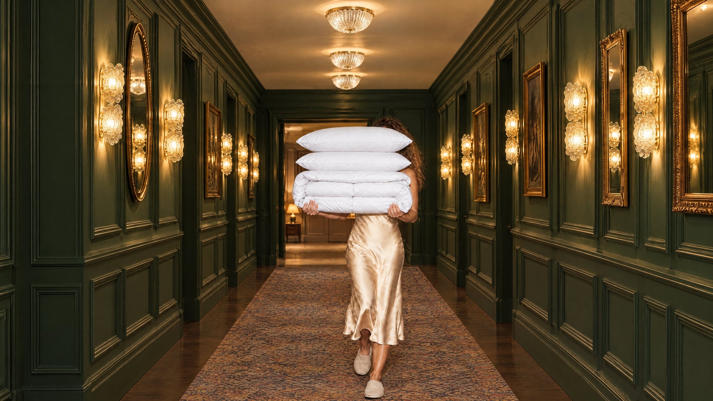 A woman carries a folded hotel duvet and two pillows down a hotel corridor